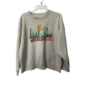 American Eagle Oversized Christmas Crewneck Sweater Women Large Snow Trees